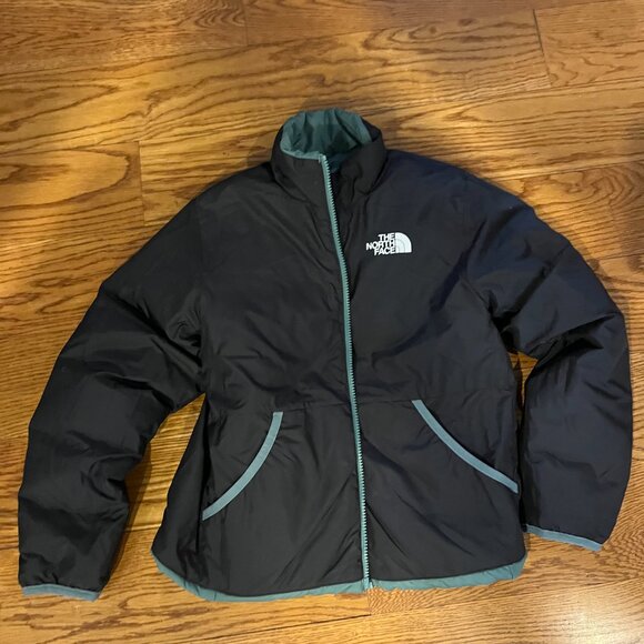 North Face Reversible Sage Green/Black Puffer Jacket Size 10 - Picture 7 of 9